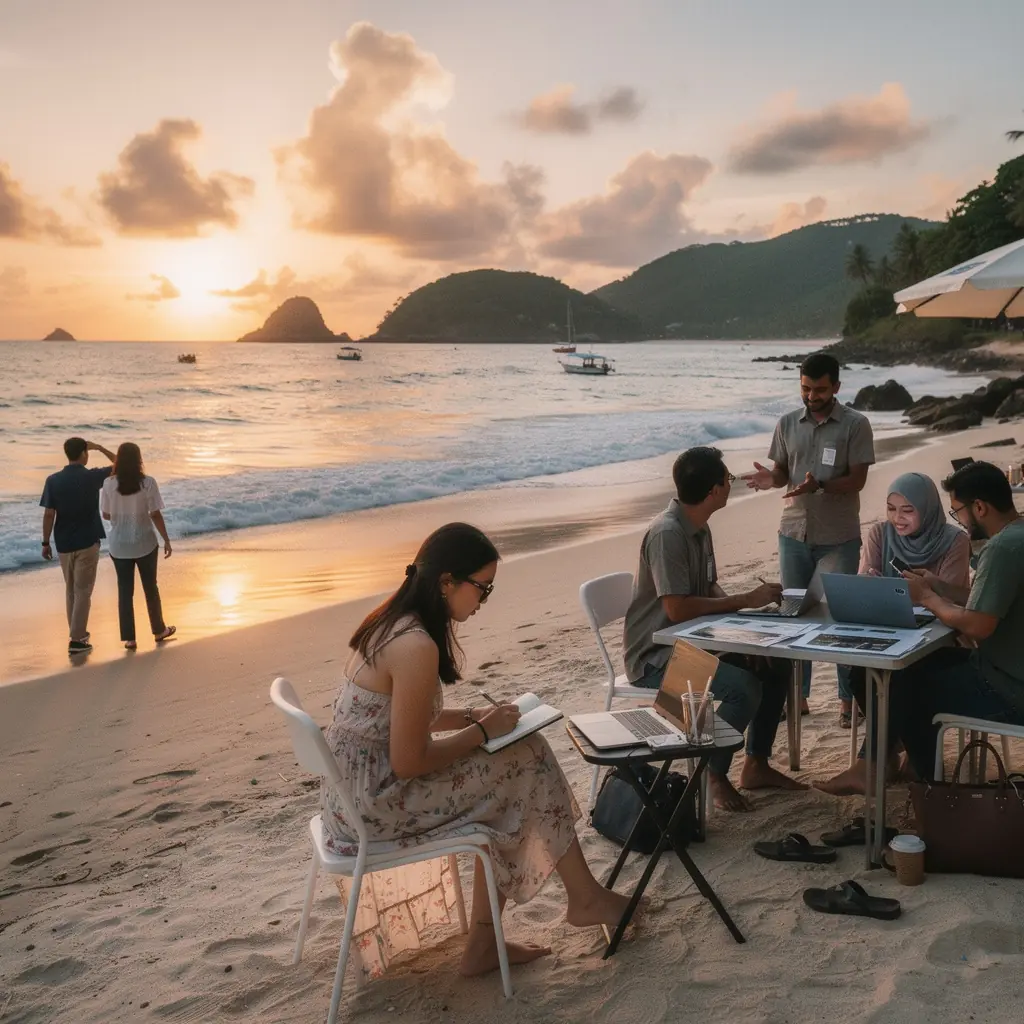 A team of content writers collaborating on a project, surrounded by digital devices and coffee cups.