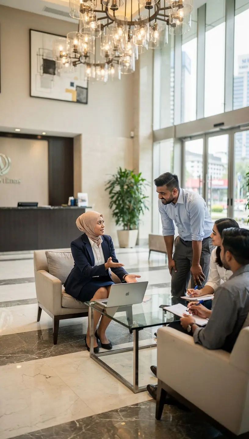 A diverse team of writers collaborating in a bright office space, discussing strategies for effective web copy.
